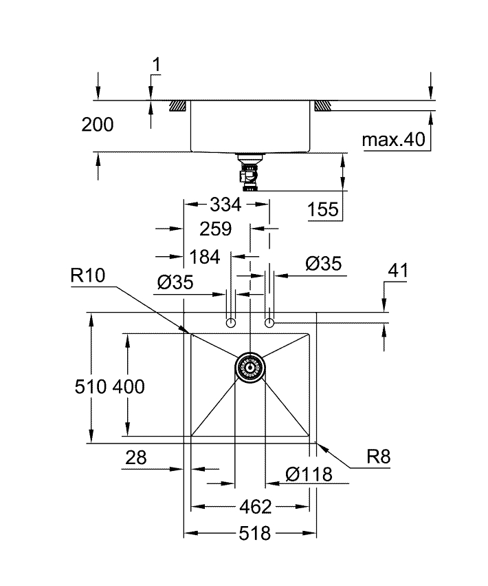 K800 Paslanmaz çelik eviye ölçü ve teknik çizim