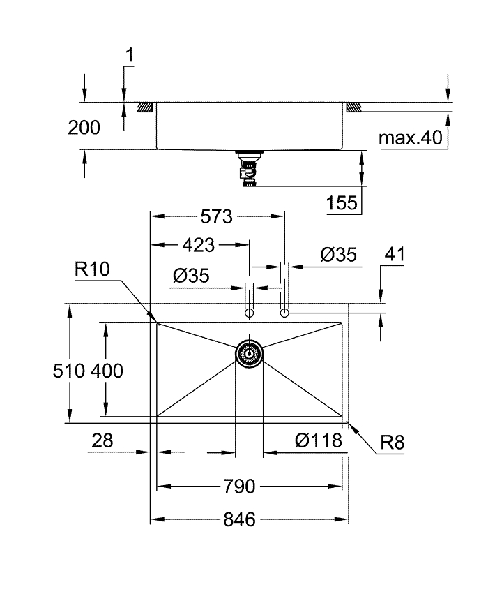 K800 Paslanmaz çelik eviye ölçü ve teknik çizim