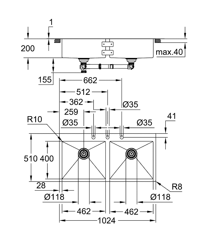 K800 Paslanmaz çelik eviye ölçü ve teknik çizim