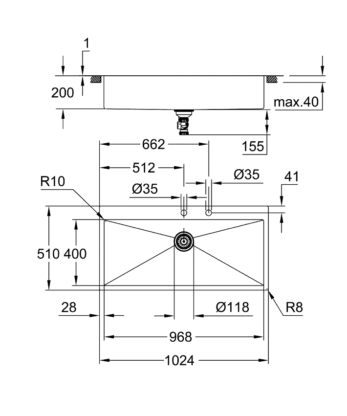 K800 Paslanmaz çelik eviye ölçü ve teknik çizim