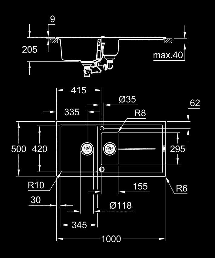 K400 Composite sink with drainer ölçü ve teknik çizim