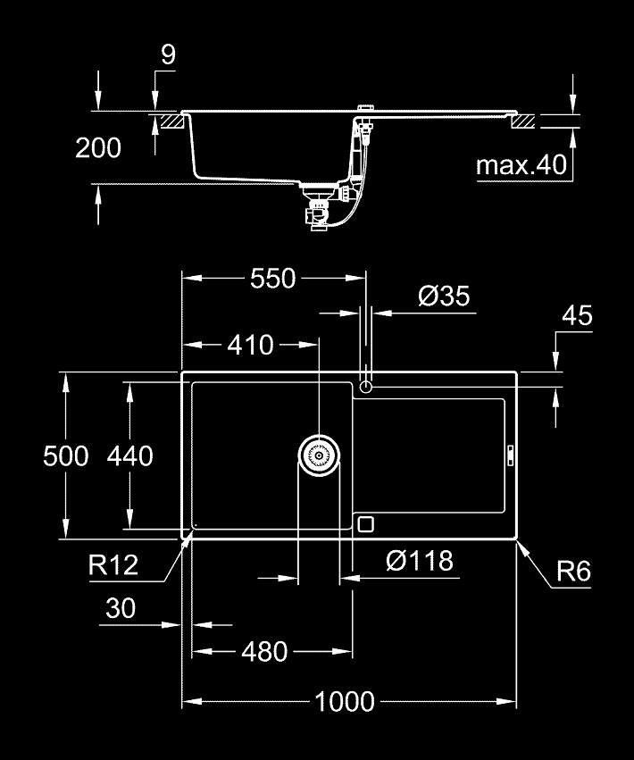 K500 Composite sink with drainer ölçü ve teknik çizim