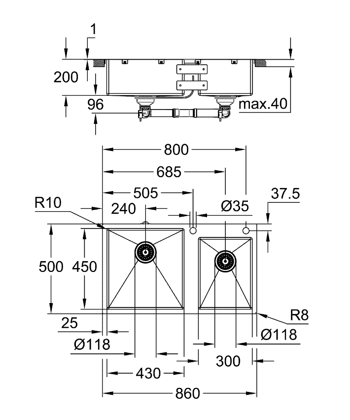 K800 Paslanmaz çelik eviye ölçü ve teknik çizim