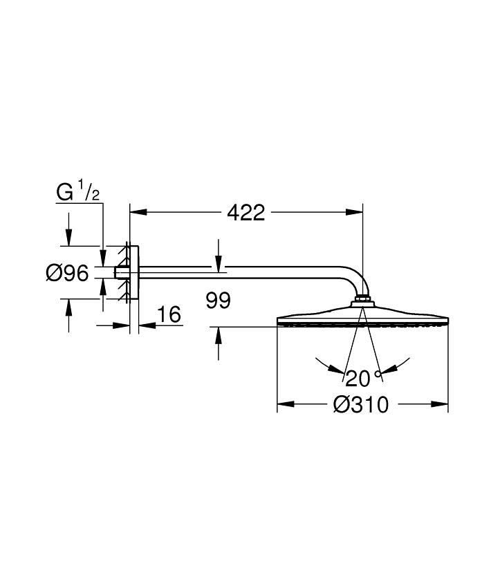 Rainshower Mono 310 Tepe duşu seti 422 mm, tek akışlı ölçü ve teknik çizim