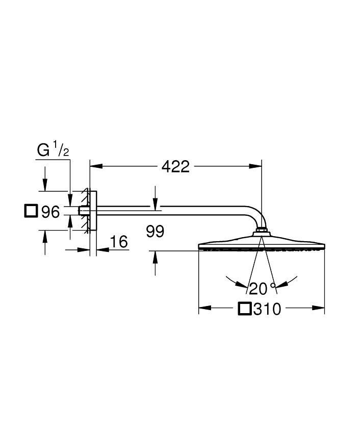 Rainshower Mono 310 Cube Tepe duşu seti 422 mm, tek akışlı ölçü ve teknik çizim