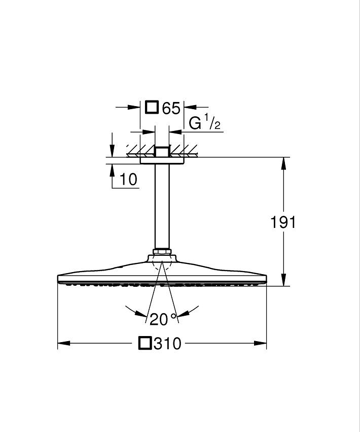 Rainshower Mono 310 Cube Tepe duşu seti 142 mm, tek akışlı ölçü ve teknik çizim