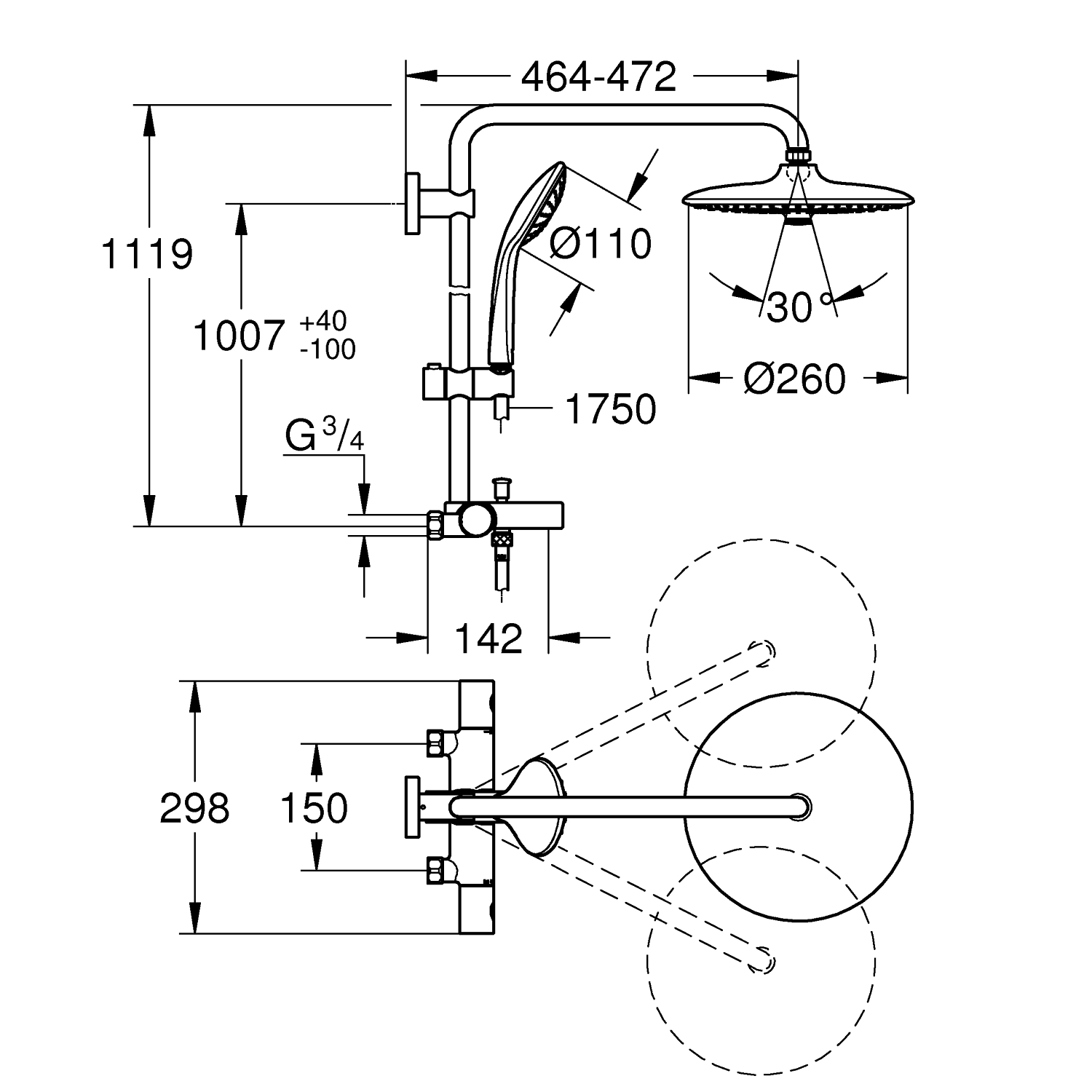 Vitalio Joy System 260 Brusesystem med termostat til vægmontering 4