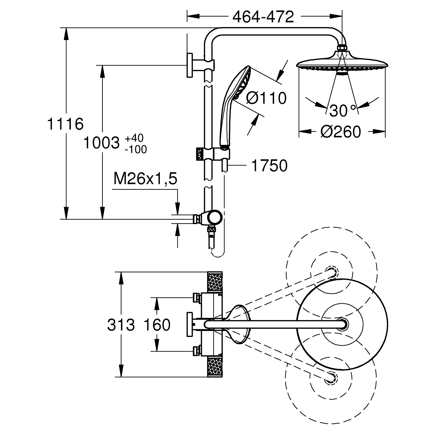 Vitalio Joy System 260 Brusesystem med termostat til vægmontering 4