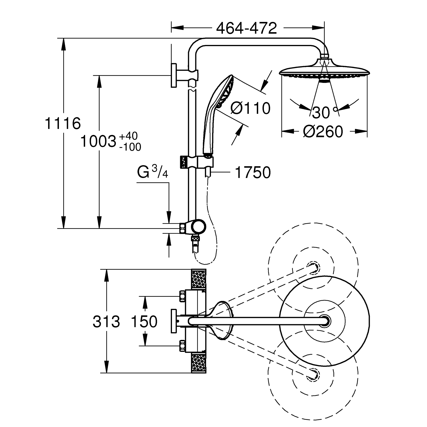Vitalio Joy System 260 Brusesystem med termostat til vægmontering 4