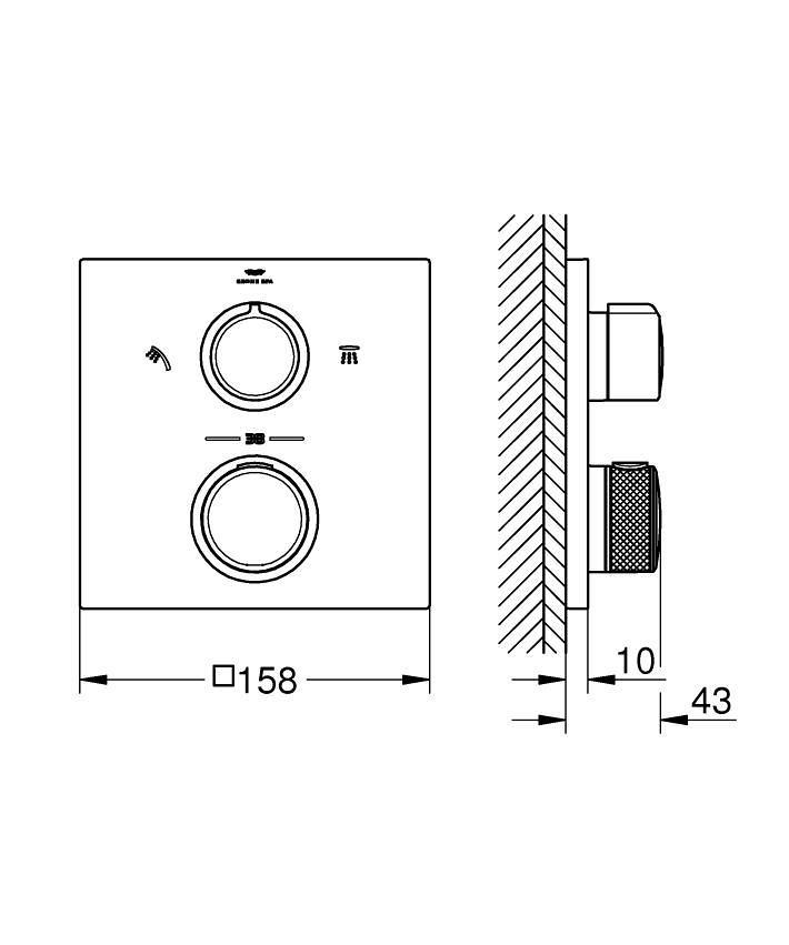 Allure Thermostat for concealed installation with 2-way diverter ölçü ve teknik çizim