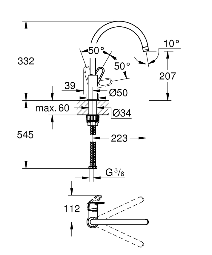 GROHE BauFlow Tek kumandalı eviye bataryası ölçü ve teknik çizim