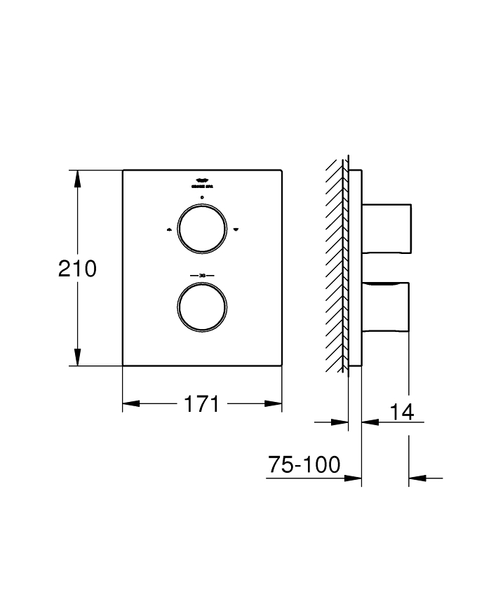 Grohtherm F 2 yollu yön değiştiricili banyo bataryası ölçü ve teknik çizim