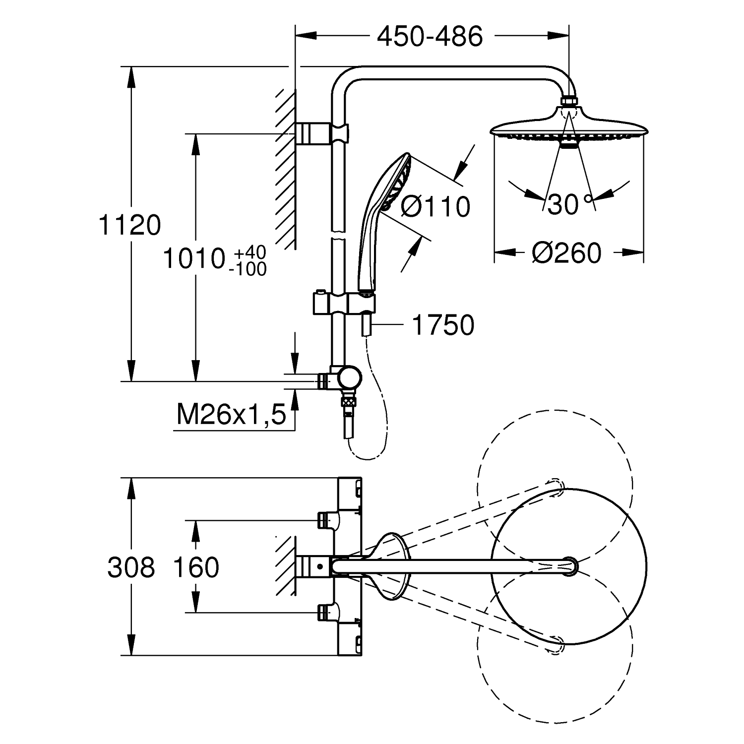 Vitalio Joy System 260 Duschsystem med 160cc-termostat för väggmontering 5