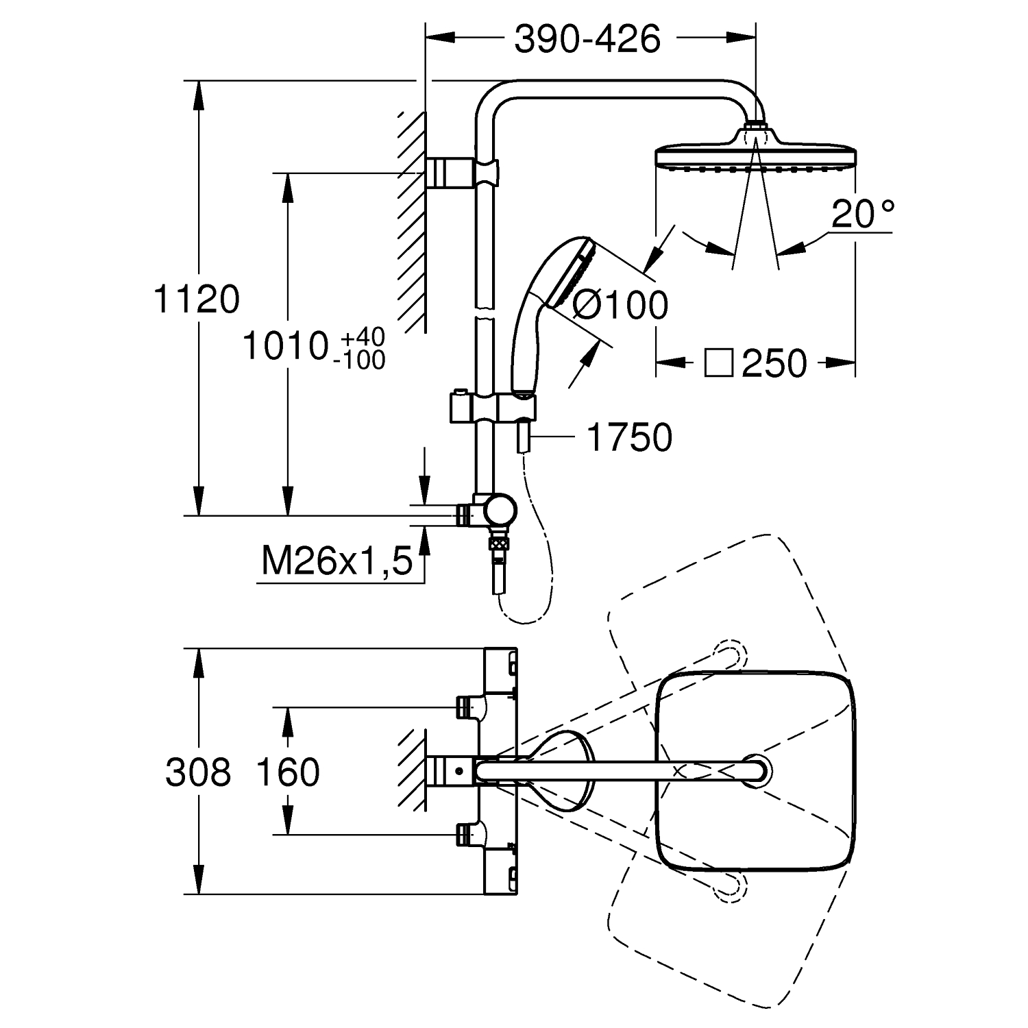 Vitalio Start System 250 Cube Duschsystem med 160cc-termostat för väggmontering 5