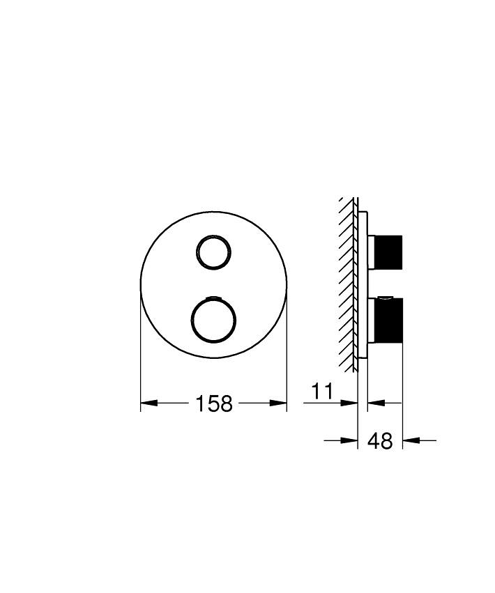 Thermostat-Brausebatterie mit integrierter 2-Wege-Umstellung mit Knopfbetätigung ölçü ve teknik çizim