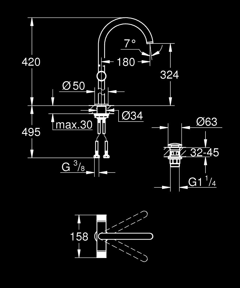 Tek delikli lavabo bataryası 1/2" XL-Boyut ölçü çizimi