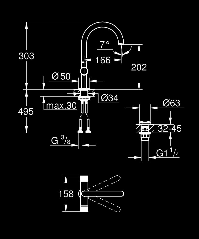 Tek delikli lavabo bataryası 1/2" L-Boyut ölçü çizimi