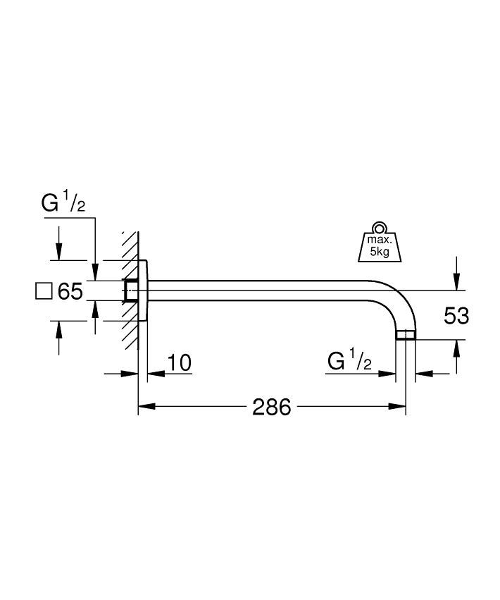 Rainshower Duş başlığı kolu 286 mm ölçü ve teknik çizim
