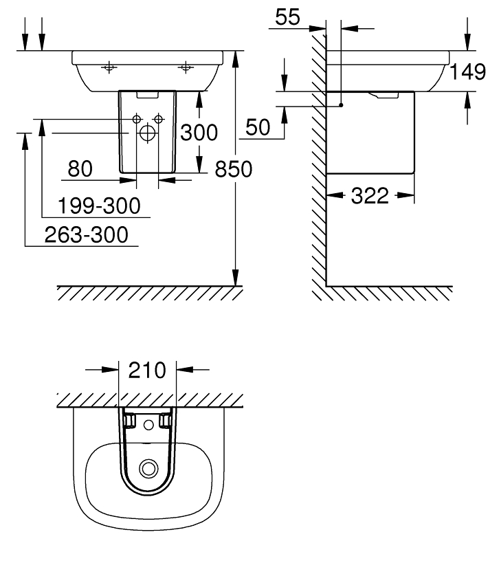 Euro Ceramic Semi pedestal for wash basin ölçü ve teknik çizim