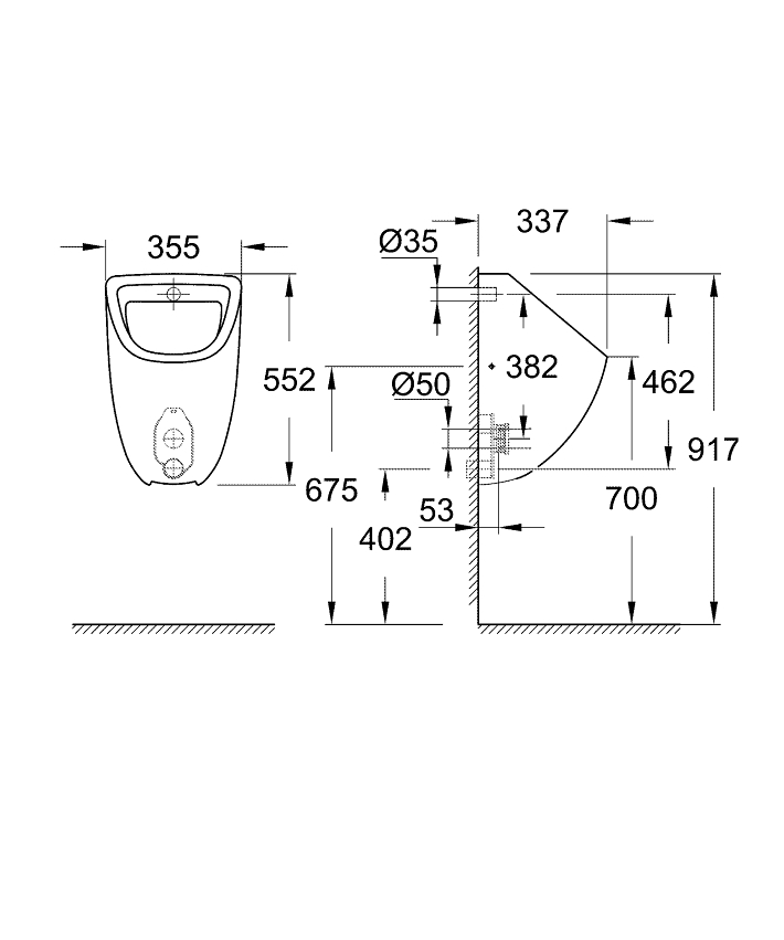 Bau Ceramic Urinal ölçü ve teknik çizim