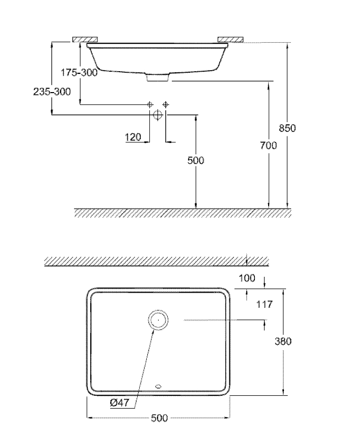 Cube Ceramic Under-counter wash basin 50 ölçü ve teknik çizim