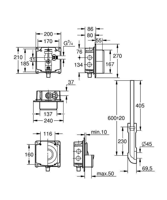 No Collection - GROHE Klozet için yıkama valfi ölçü ve teknik çizim