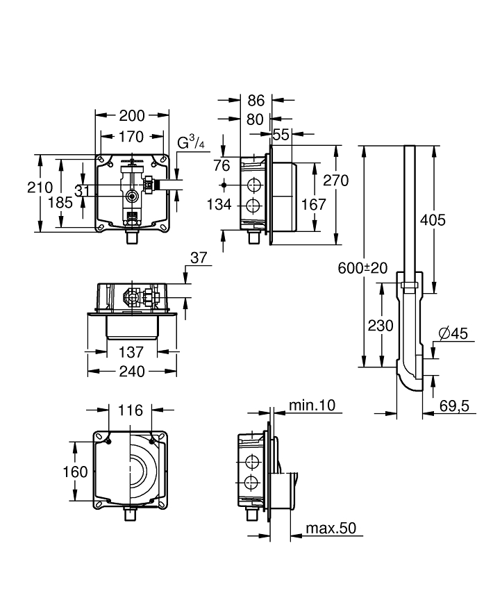 No Collection - GROHE Klozet için yıkama valfi ölçü ve teknik çizim