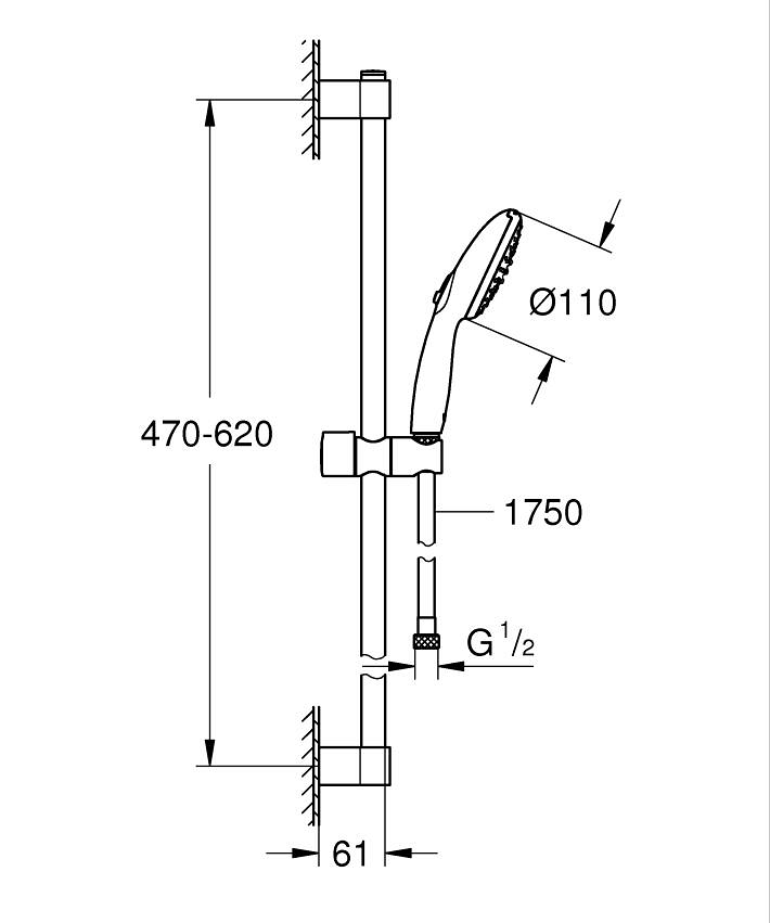 Tempesta 110 Shower rail set 2 sprays (Rain, Jet) ölçü ve teknik çizim