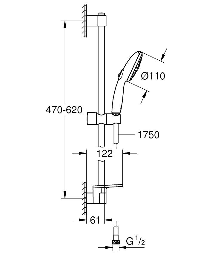 Tempesta 110 Shower rail set 2 sprays (Rain, Jet) ölçü ve teknik çizim