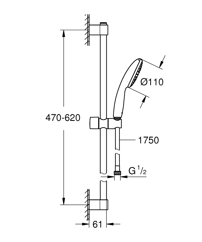 Tempesta 110 Shower rail set 1 spray (Rain) ölçü ve teknik çizim