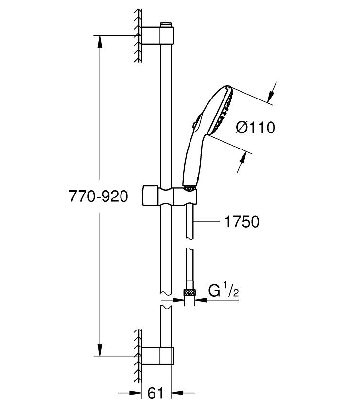 Tempesta 110 Shower rail set 2 sprays (Rain, Jet) ölçü ve teknik çizim