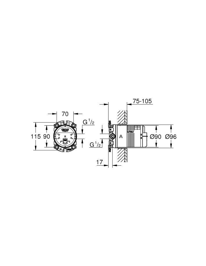 Rainshower Universal giriş kutusu, 1/2 ölçü ve teknik çizim
