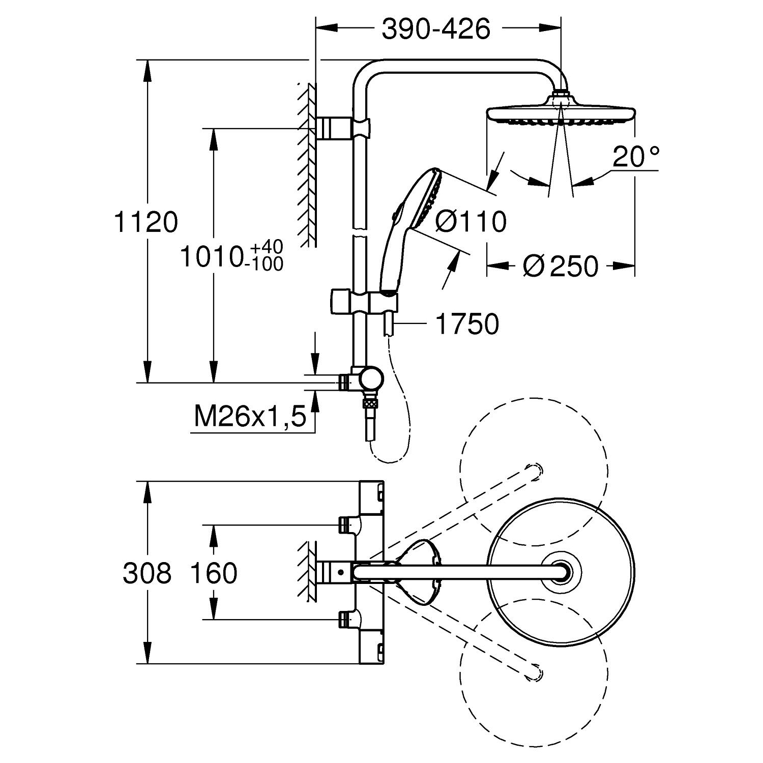 Vitalio Start System 250 Shower system with thermostat 160 cc for wall mounting 5