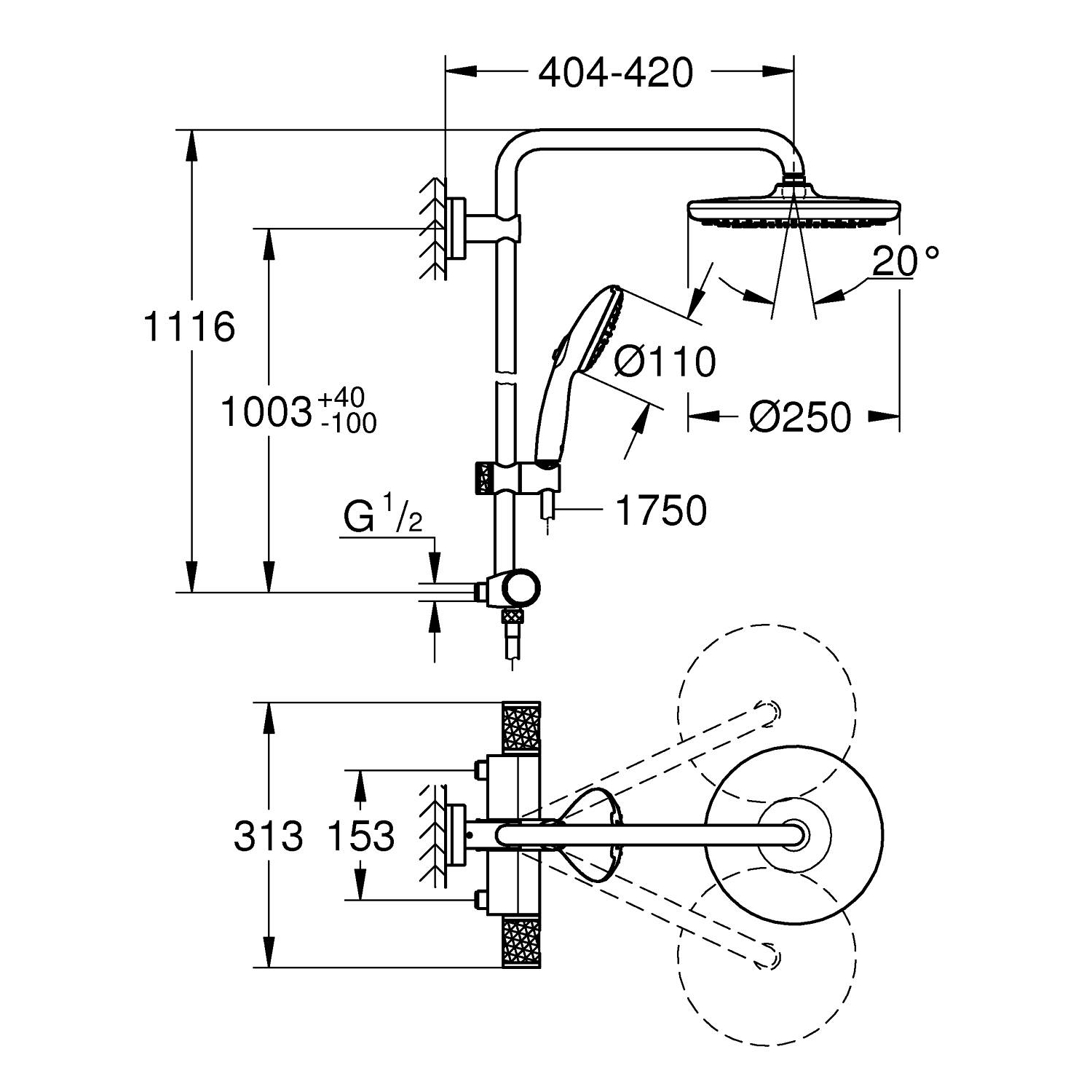 Vitalio Start System 250 Shower system with thermostat for wall mounting 5