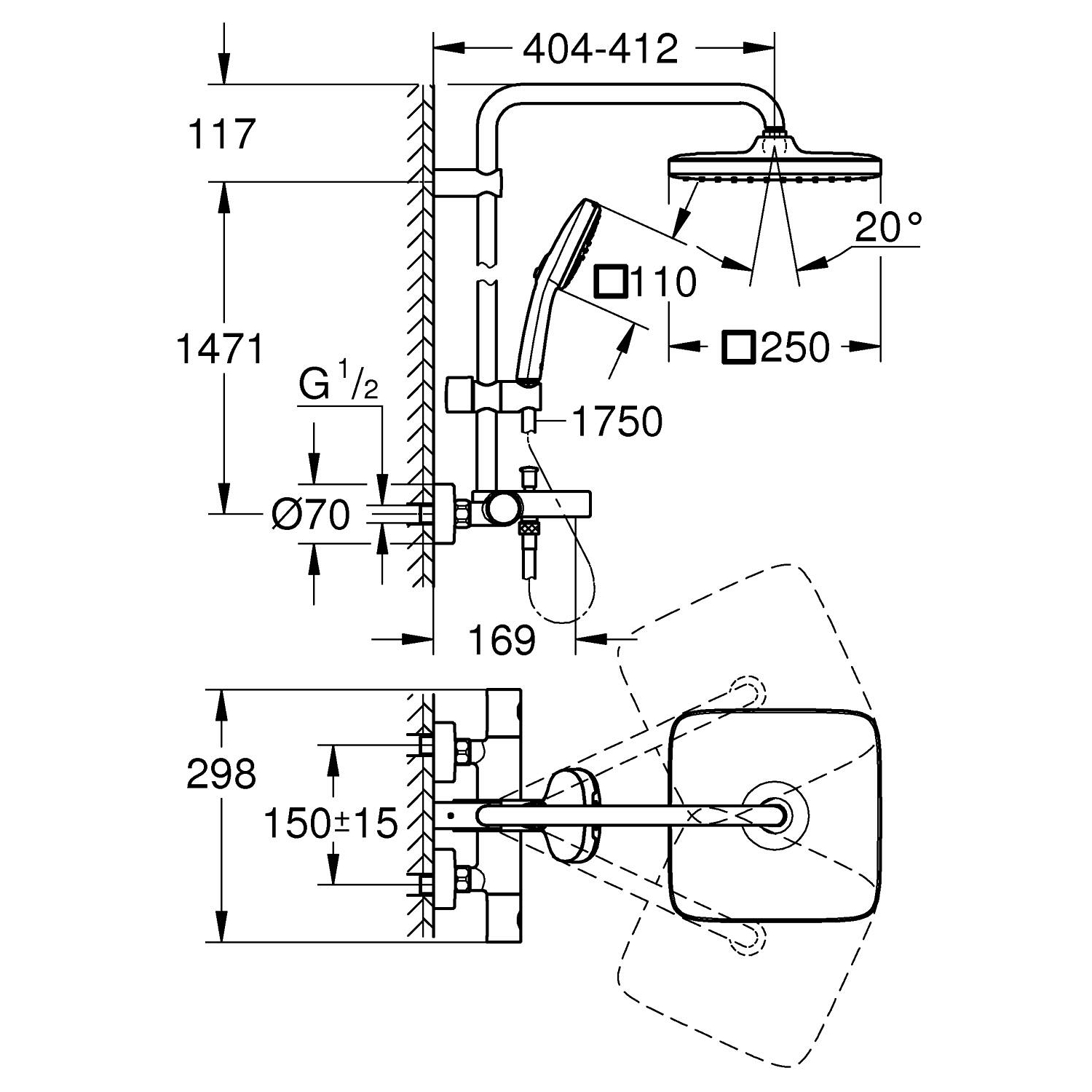 Vitalio Comfort 250 Brusesystem med termostat til vægmontering 5