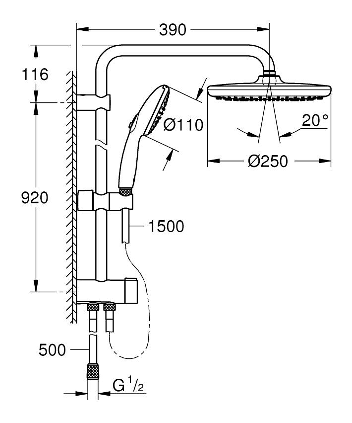 Tempesta System 250 Duvar bağlantılı, divertörlü duş sistemi ölçü ve teknik çizim