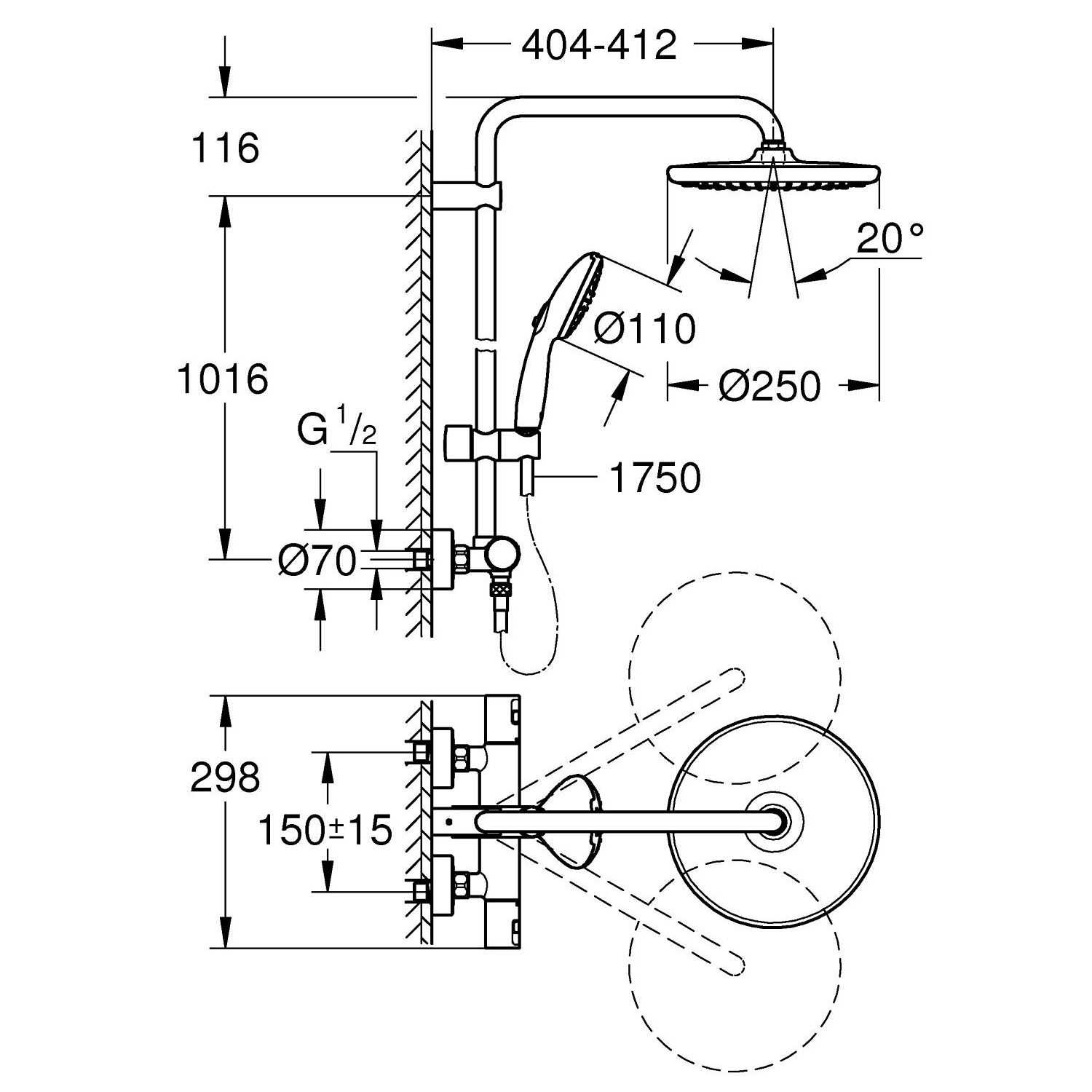 Vitalio Start System 250 Shower system with thermostat for wall mounting 5