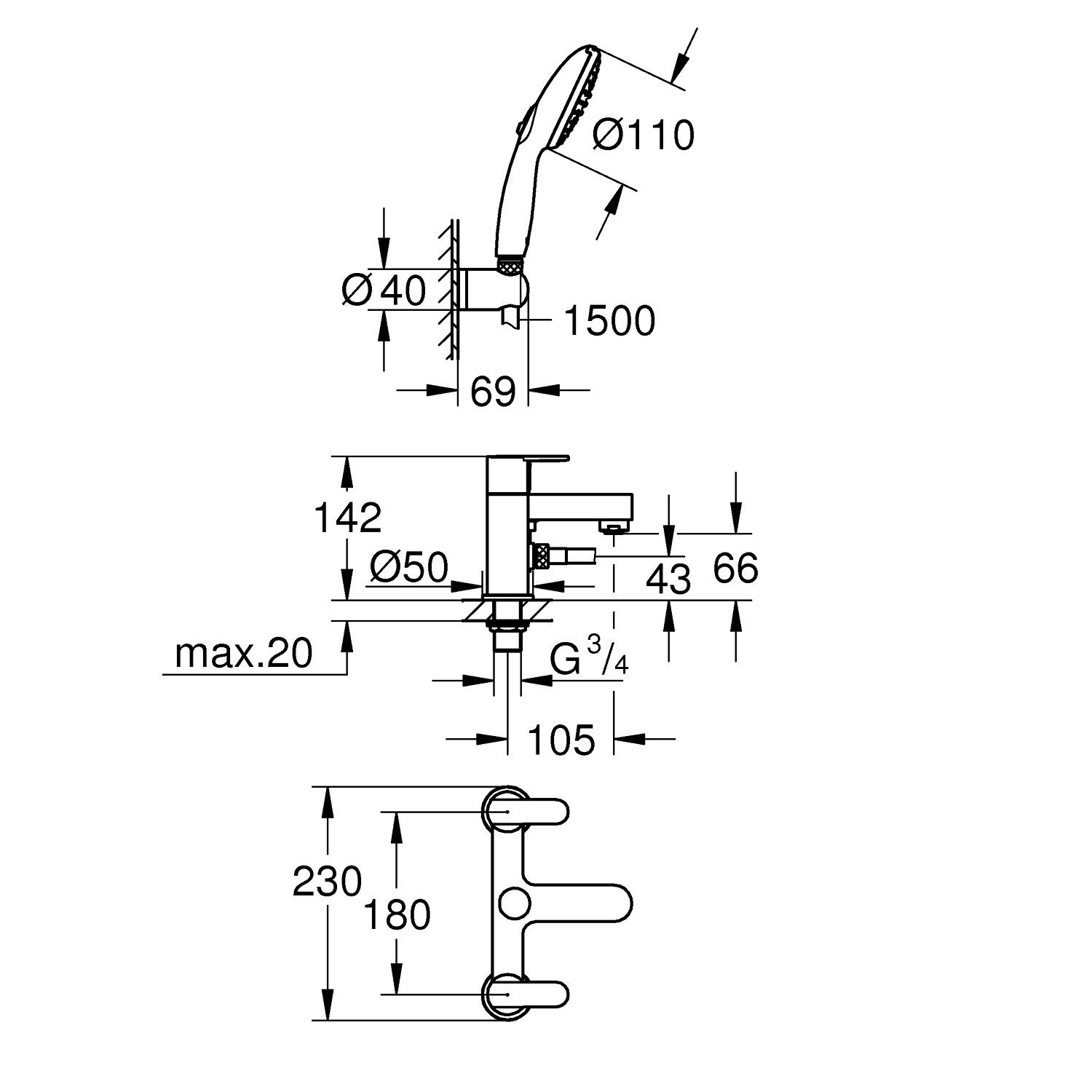 Get Two-handled Bath/Shower mixer ½" 2