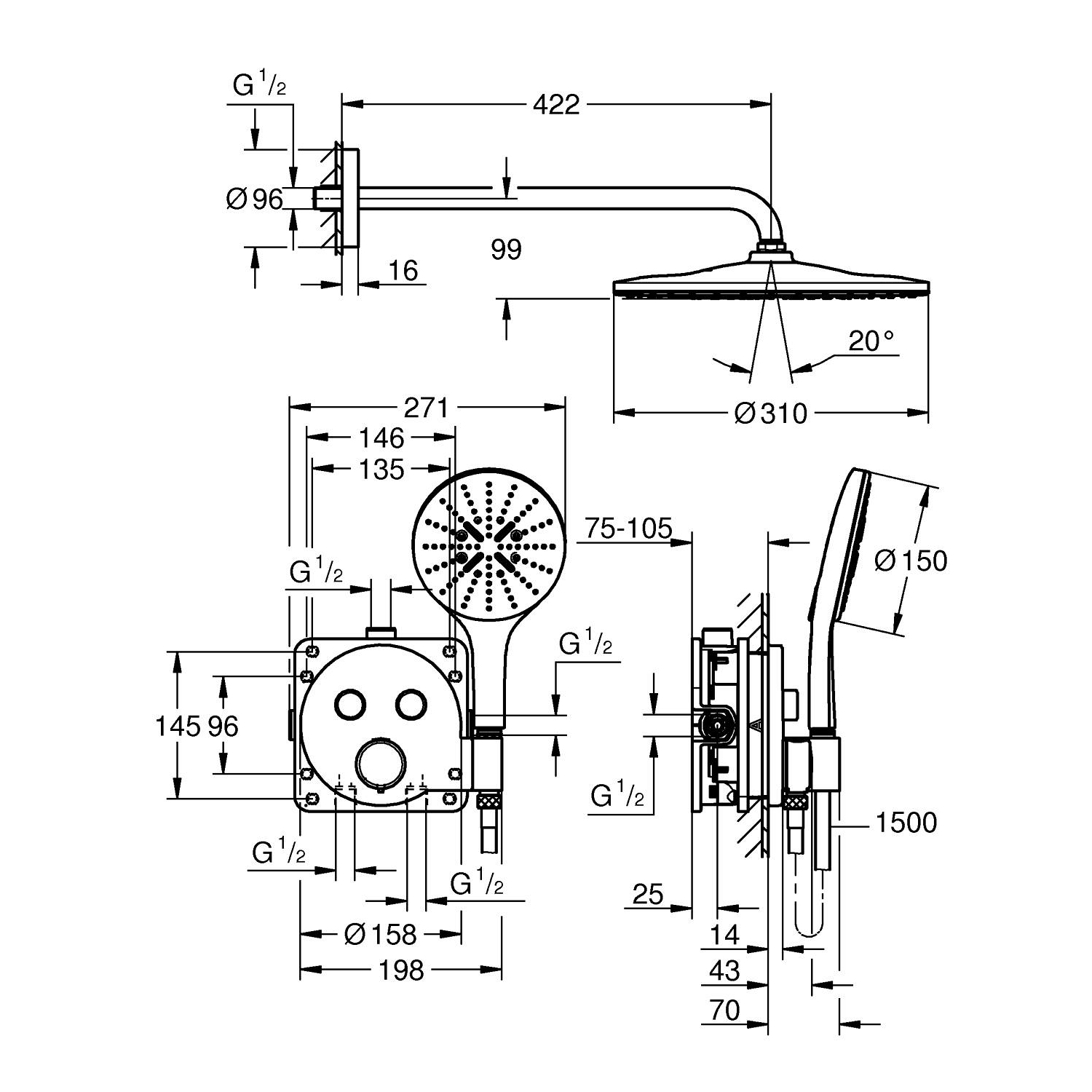 Precision SmartControl Concealed shower system with Vitalio Rain Mono 310 4