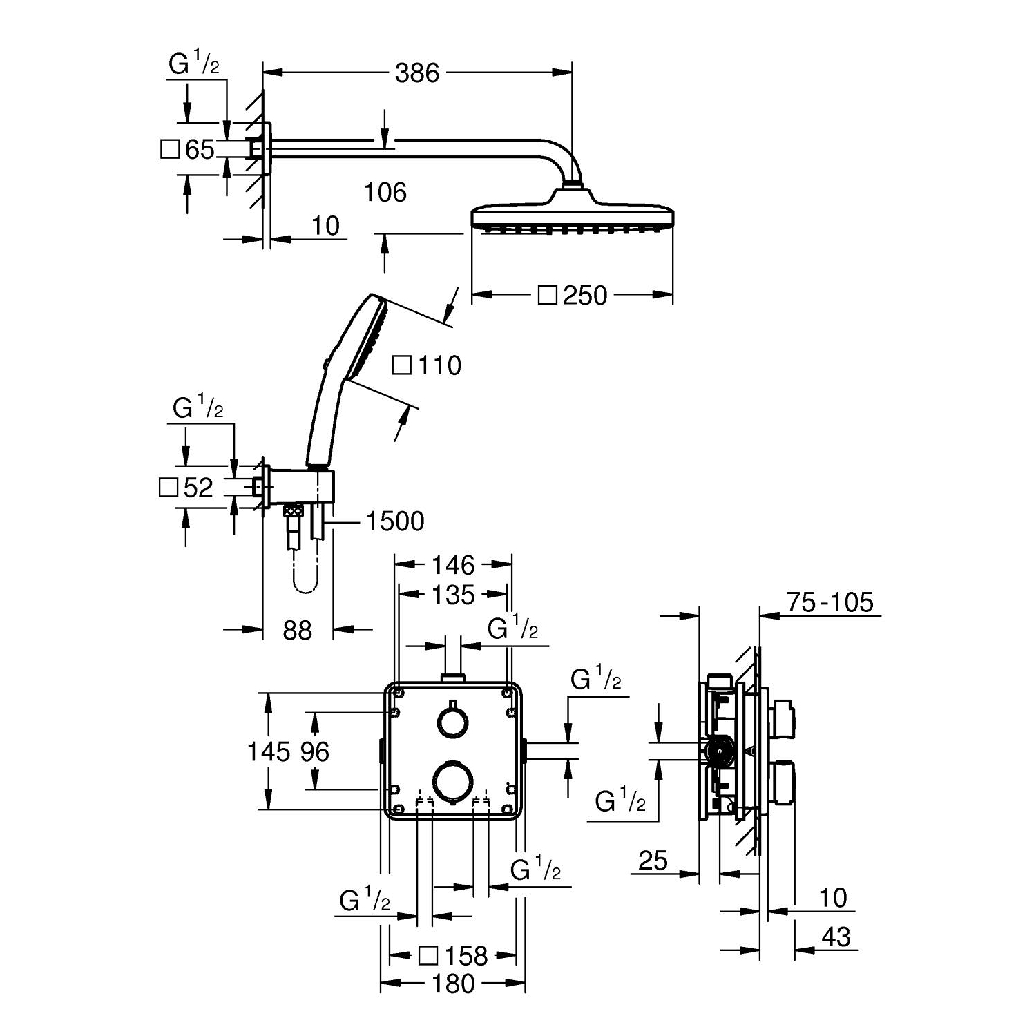 Concealed shower system with Vitalio Comfort 250 4