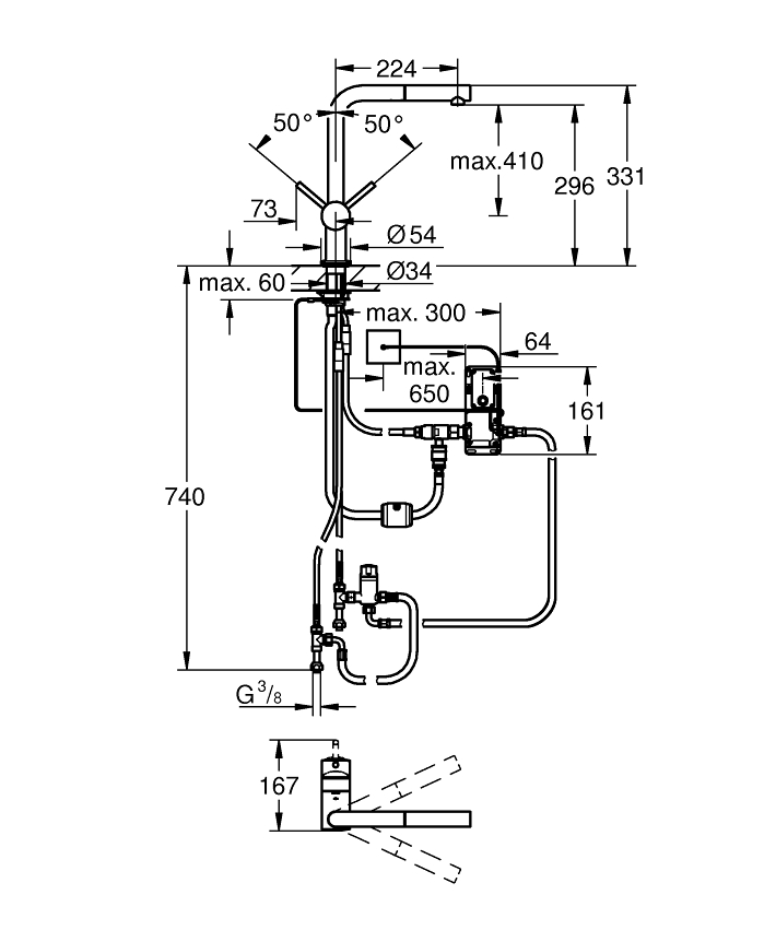 Minta Touch Elektronik tek kumandalı eviye bataryası ölçü ve teknik çizim