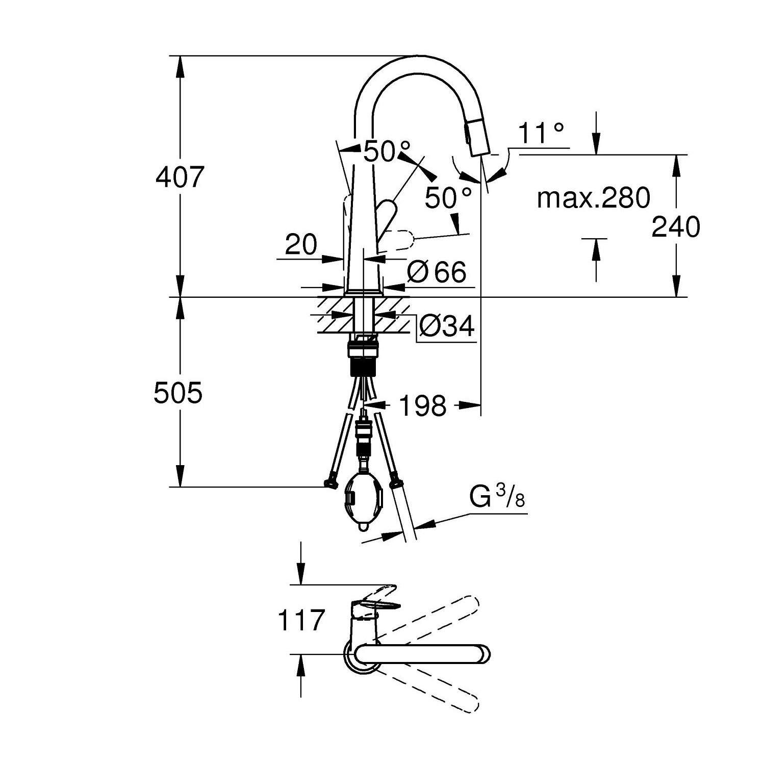 Veletto - Robinet de cuisine bec C avec douchette extractible 2 jets - Chromé 3