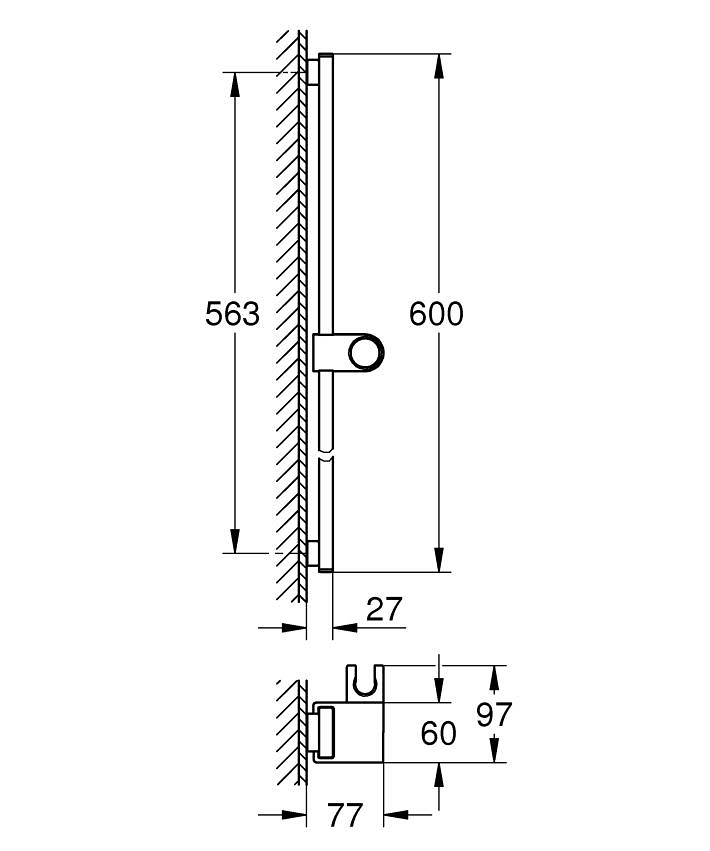 Rainshower Aqua Duş sürgüsü, 600 mm ölçü ve teknik çizim