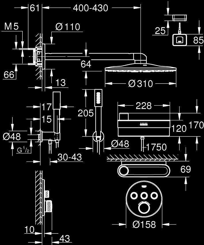 GROHE SmartControl Purefoam Concealed shower system ölçü ve teknik çizim