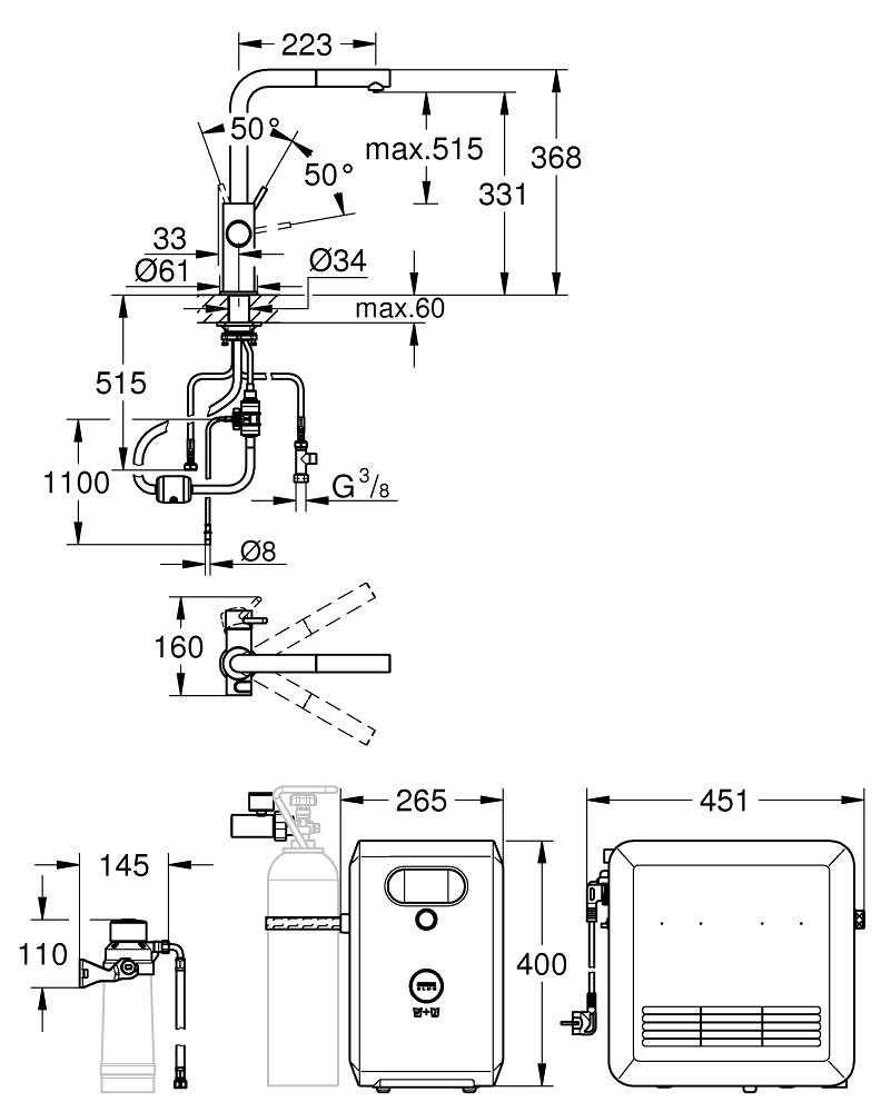 L-spout kit with pull-out mousseur ölçü çizimi