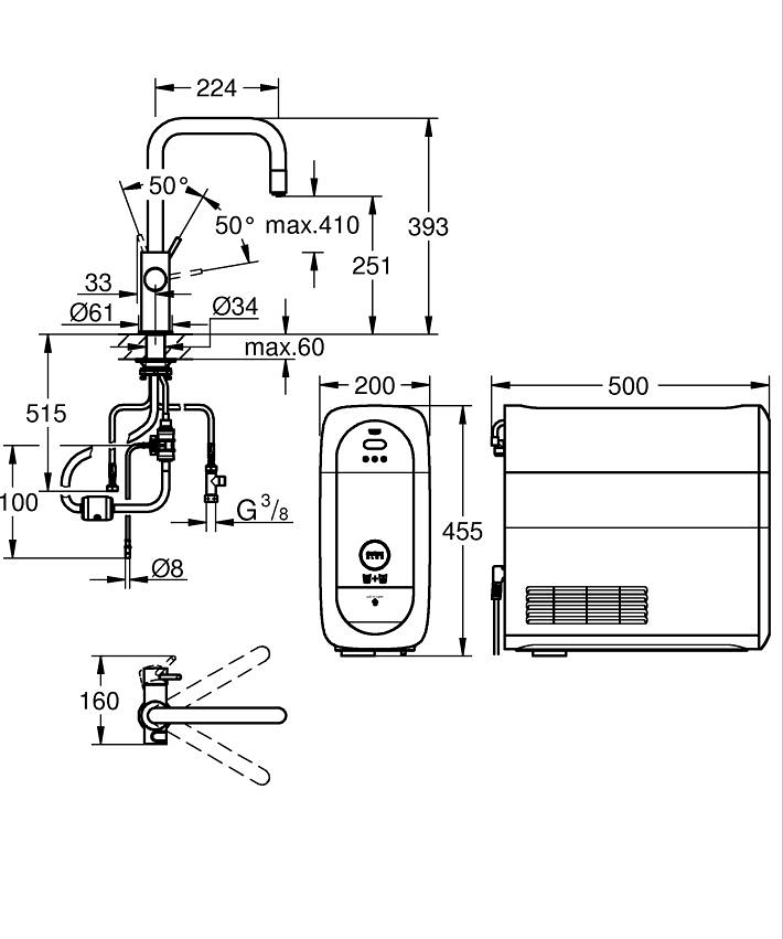 GROHE Blue Home U-spout starter kit with pull-out mousseur ölçü ve teknik çizim