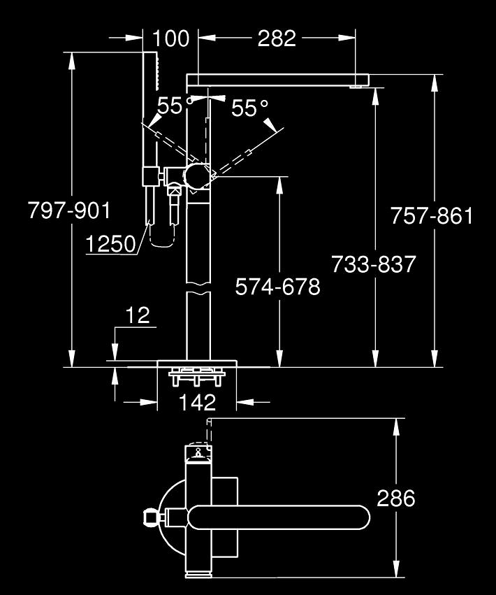 GROHE Plus Yerden küvet bataryası ölçü ve teknik çizim