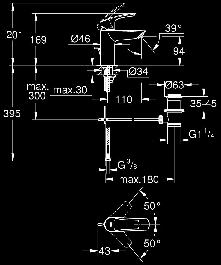 Eurosmart Tek kumandalı lavabo bataryası S-Boyut ölçü ve teknik çizim