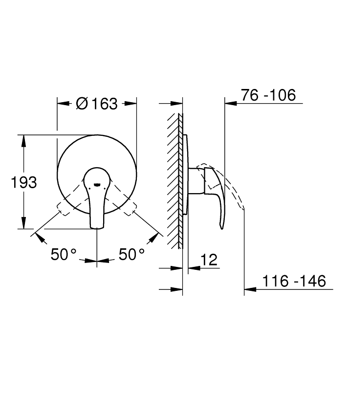 Eurosmart Ankastre duş bataryası ölçü ve teknik çizim