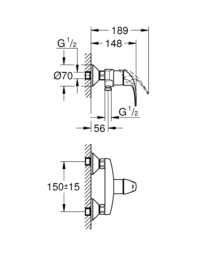 BauCurve Tek kumandalı duş bataryası ölçü ve teknik çizim